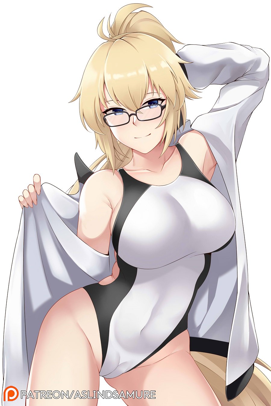 1girl arms_up aslindsamure beach blonde_hair breasts fate/grand_order fate_(series) glasses highres jacket jeanne_d'arc_(fate)_(all) jeanne_d'arc_(swimsuit_archer) large_breasts one-piece_swimsuit ponytail swimsuit whistle zipper