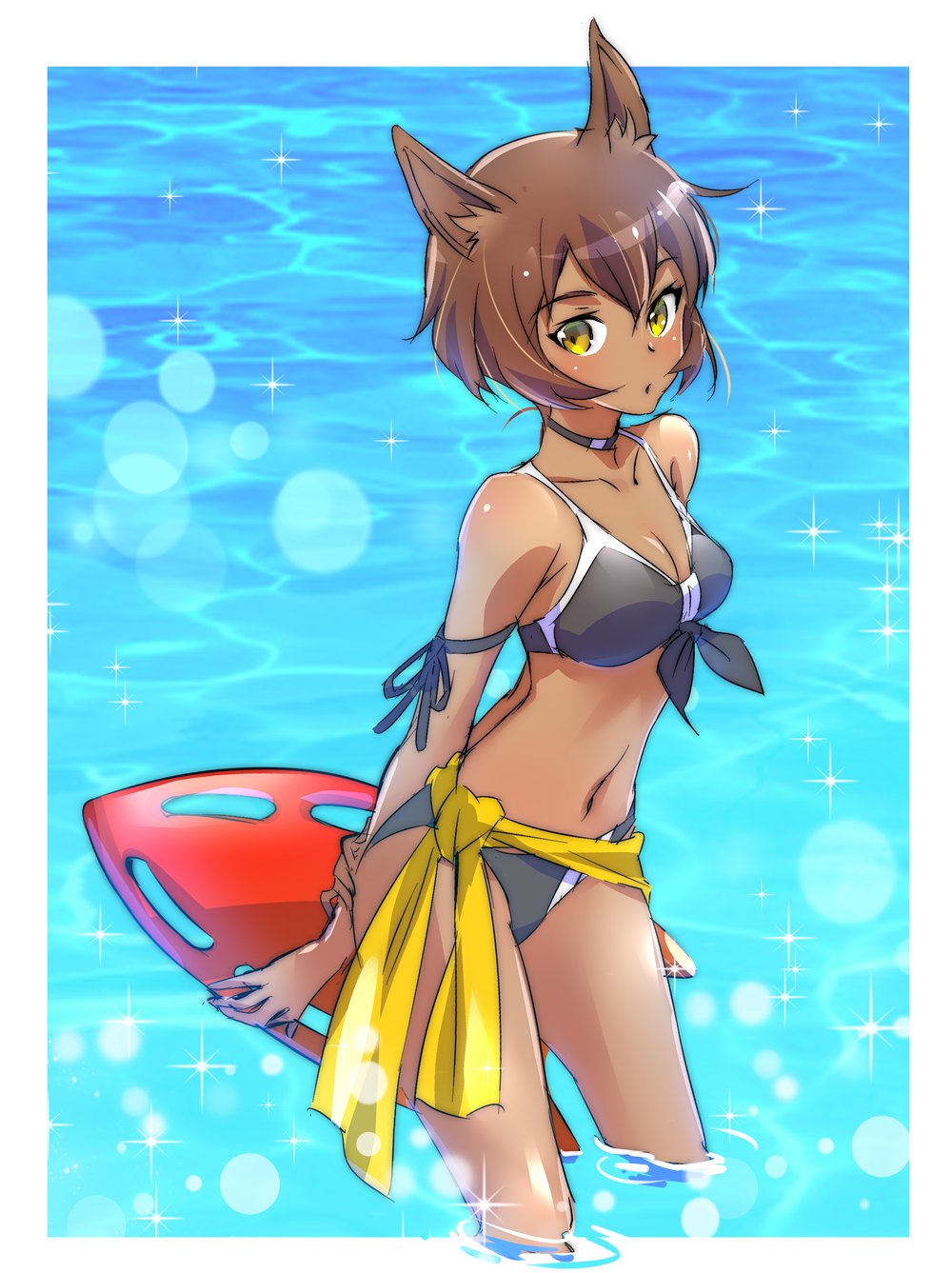 1girl animal_ears bikini black_bikini brown_hair collarbone dark_skin highres iesupa lifeguard midriff navel rwby short_hair solo swimsuit water yellow_eyes