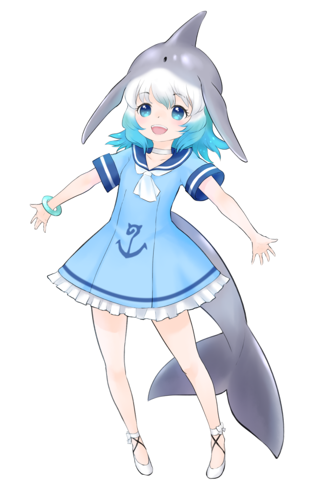1girl :d anchor_symbol blue_dress blue_eyes blue_hair choker common_bottlenose_dolphin_(kemono_friends) dolphin_tail dress eyebrows_visible_through_hair fins frilled_dress frills full_body grey_hair ise_(0425) kemono_friends looking_at_viewer medium_hair multicolored_hair open_mouth outstretched_arms sailor_dress shoes short_sleeves simple_background smile solo spread_arms tail white_background white_choker white_footwear white_hair