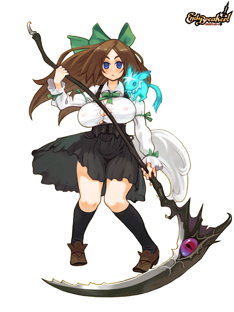 1girl animal animal_on_shoulder black_legwear blue_eyes breasts brown_footwear brown_hair bursting_breasts covered_nipples empty_eyes end_breaker! expressionless floating_hair full_body hair_ribbon high-waist_skirt holding holding_scythe holding_weapon huge_breasts kneehighs logo long_hair long_sleeves looking_at_viewer official_art ribbon ryoji_(nomura_ryouji) scythe simple_background skirt solo standing two-handed weapon white_background