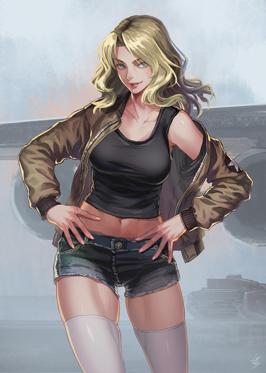 1girl aircraft airplane blonde_hair blue_eyes breasts c-5m_super_galaxy collarbone cowboy_shot fog girls_und_panzer ground_vehicle hands_on_hips head_tilt highres jacket kay_(girls_und_panzer) kws lips long_hair looking_to_the_side military military_vehicle motor_vehicle navel shorts skindentation smile solo tank tank_top thigh-highs thigh_gap walking