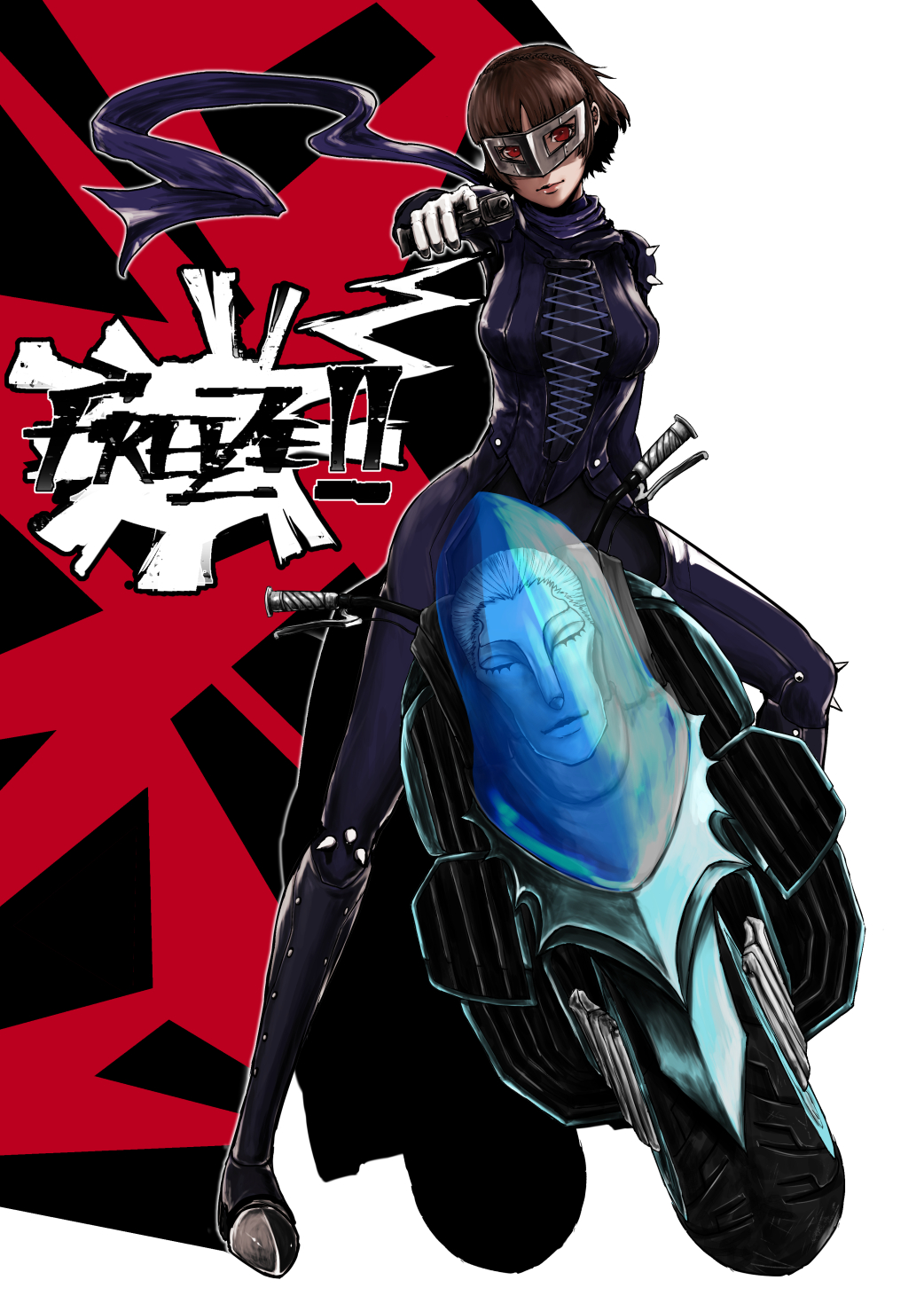 1girl aiming aiming_at_viewer arm_behind_back biker_clothes bodysuit braid brown_hair closed_eyes closed_mouth crown_braid english full_body gloves ground_vehicle gun hand_up handgun head_tilt highres holding holding_gun holding_weapon joanna_(persona_5) light_smile lips looking_at_viewer mask motor_vehicle motorcycle niijima_makoto outstretched_arm persona persona_5 red_eyes scarf short_hair shoulder_spikes spikes standing standing_on_one_leg weapon yuu_(primenumber7)