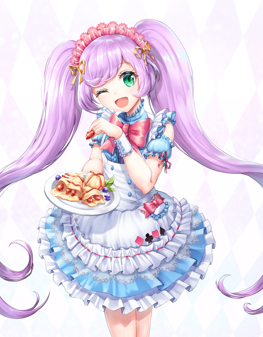 1girl ;d alternate_costume apron argyle argyle_background blue_dress blueberry blush bow center_frills club_(shape) commentary_request detached_sleeves diamond_(shape) dress enmaided food frilled_apron frills fruit green_eyes head_tilt heart holding holding_food holding_plate long_hair looking_at_viewer lunacle maid maid_apron maid_headdress manaka_lala one_eye_closed open_mouth plate pripara puffy_short_sleeves puffy_sleeves purple_hair red_bow ribbon short_sleeves sidelocks sleeveless sleeveless_dress smile solo spade_(shape) strawberry twintails very_long_hair white_apron yellow_ribbon