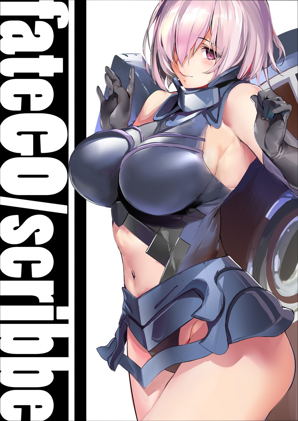 1girl armor armored_collar armored_dress armpits bangs bare_shoulders blush breasts closed_mouth commentary_request cover cover_page doujin_cover doujinshi elbow_gloves eyebrows_visible_through_hair fate/grand_order fate_(series) gloves hair_over_eyes hair_over_one_eye highres large_breasts legs looking_at_viewer marushin_(denwa0214) mash_kyrielight navel_cutout pink_eyes pink_hair shield short_hair sideboob standing