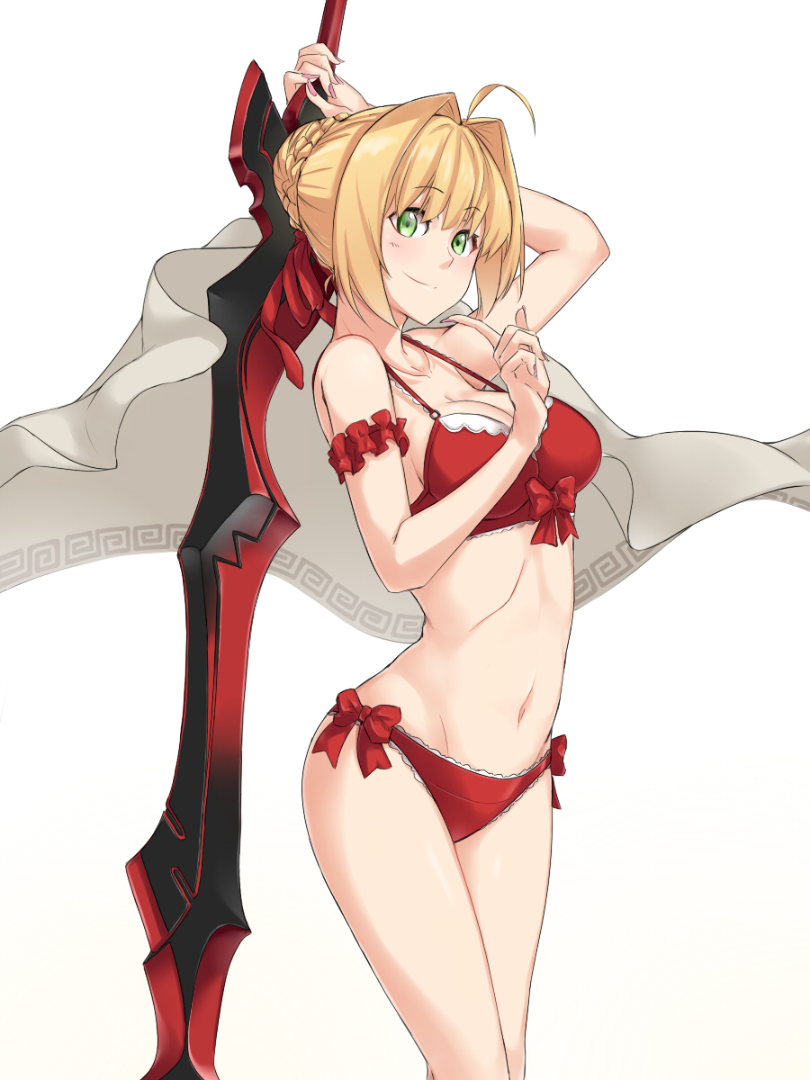 1girl ahoge arm_strap arm_up blonde_hair bow breasts cleavage collarbone cowboy_shot eyebrows_visible_through_hair fate/extra fate_(series) green_eyes groin highres holding holding_sword holding_weapon index_finger_raised large_breasts nail_polish navel nero_claudius_(fate) nero_claudius_(fate)_(all) panties pink_nails red_bow red_panties saber_extra saruno_(eyesonly712) short_hair sideboob simple_background smile solo standing sword tied_hair underwear underwear_only weapon white_background