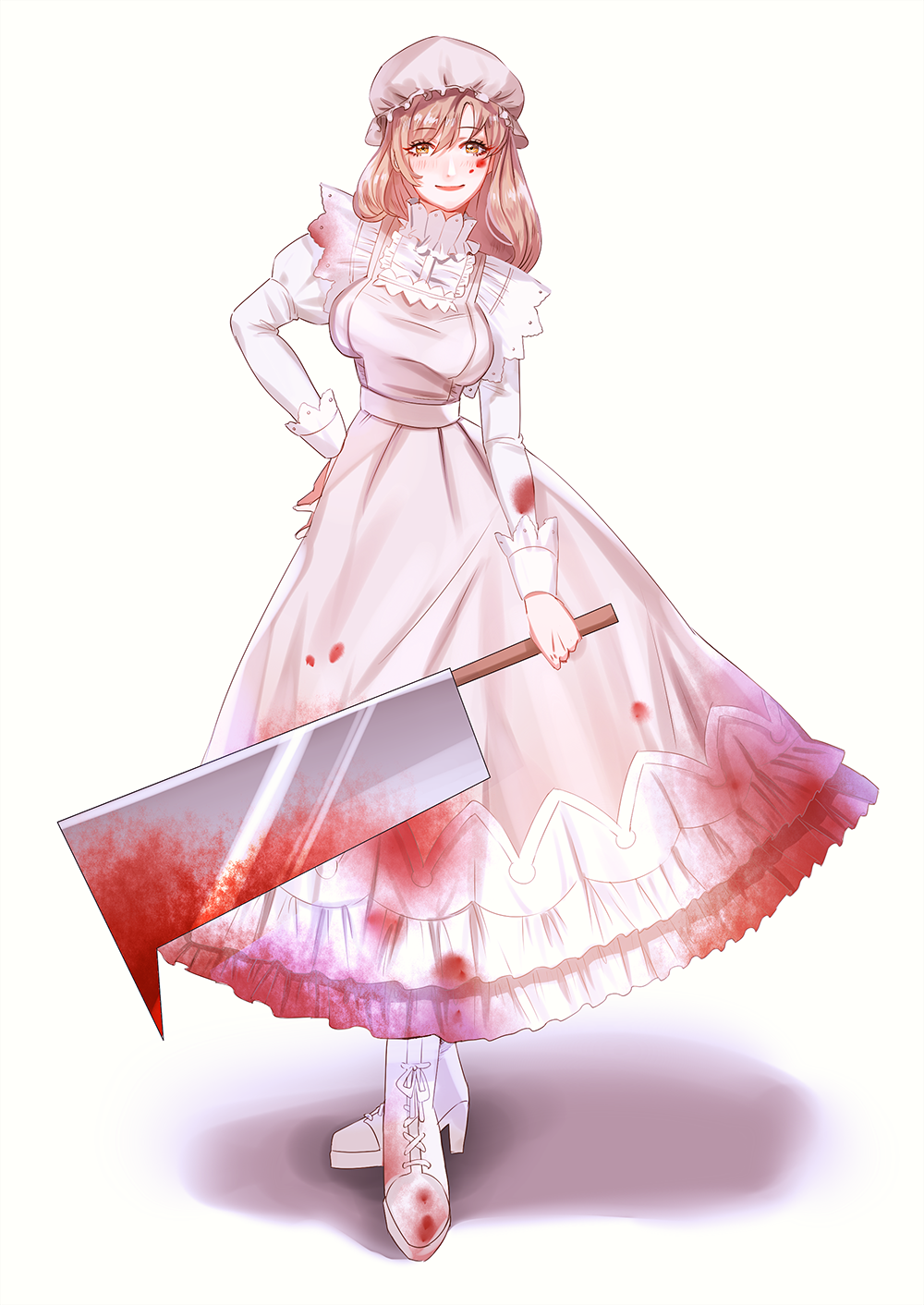 1girl ama_(997841291) apron blood blood_on_face bloody_clothes bloody_weapon boots cleaver cross-laced_footwear dress full_body hand_on_hip hat hataraku_saibou high_heel_boots high_heels highres light_brown_hair long_hair long_sleeves looking_at_viewer macrophage_(hataraku_saibou) mob_cap oversized_object simple_background smile solo standing weapon white_background yellow_eyes