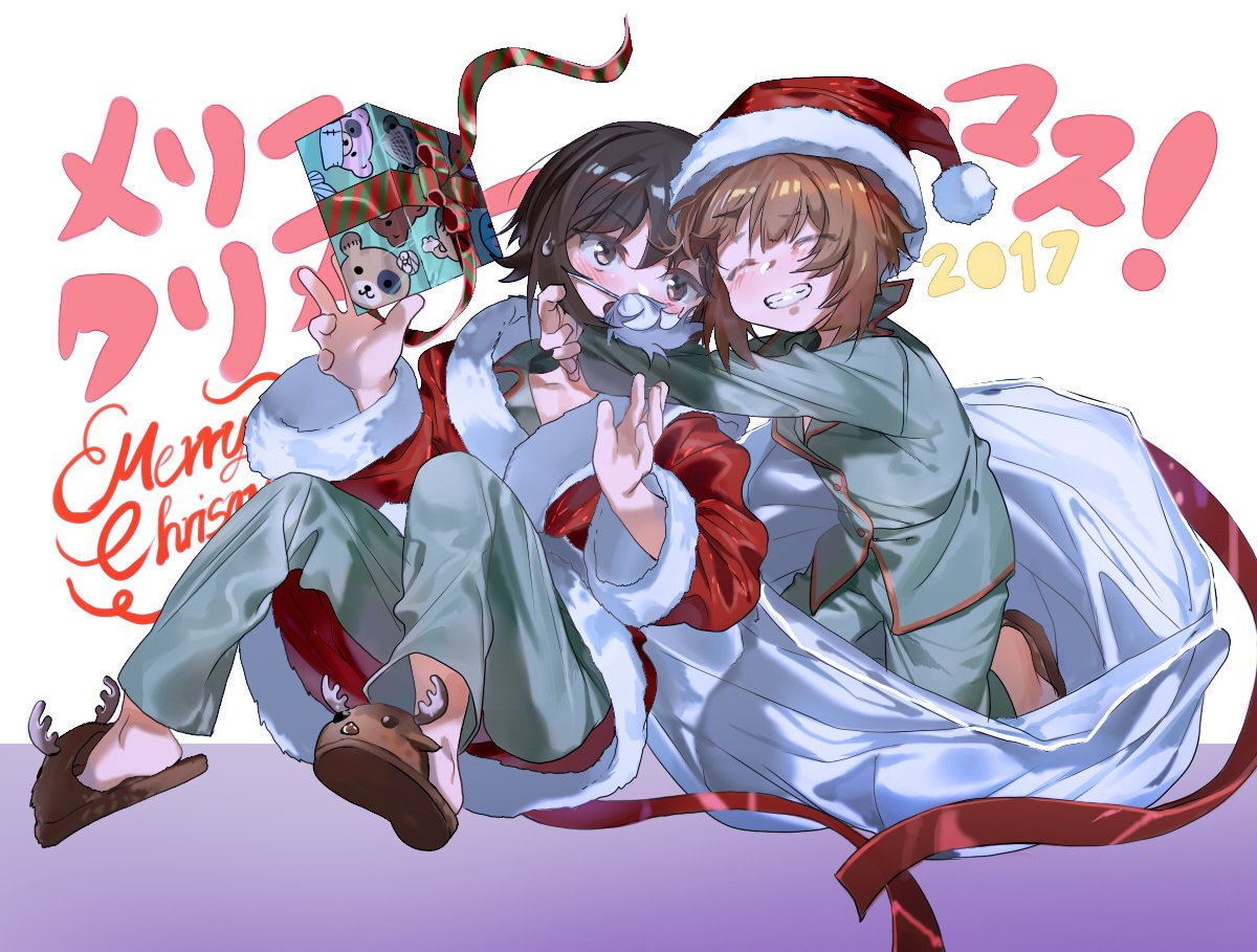 2girls animal_print bangs bear_print blush boko_(girls_und_panzer) commentary_request dated english eyebrows_visible_through_hair fake_beard fake_facial_hair gift girls_und_panzer green_pants green_shirt grin holding holding_gift hug kneeling long_sleeves looking_at_another merry_christmas multiple_girls nishizumi_maho nishizumi_miho oversized_object pajamas pants partial_commentary red_robe reindeer ribbon robe sack sandals shirt short_hair siblings sisters sitting smile translated veerinly