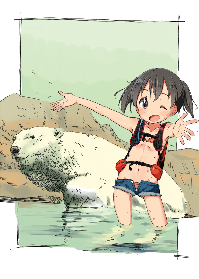 1girl ;d ashida_ichirou ass_visible_through_thighs backpack bag bear bikini black_hair blush border collarbone eyebrows_visible_through_hair flat_chest fur_trim groin hair_between_eyes kuraue_hinata looking_at_viewer navel one_eye_closed open_mouth orange_bikini outside_border outstretched_arms partially_submerged polar_bear short_shorts shorts smile standing swimsuit twintails unbuttoned unzipped violet_eyes water yama_no_susume