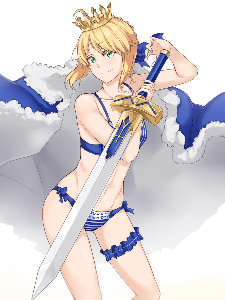 1girl ahoge artoria_pendragon_(all) blonde_hair blue_bow blue_bra blue_cape blue_nails blue_panties bow bra cape collarbone crown excalibur eyebrows_visible_through_hair fate/stay_night fate_(series) floating_hair fur_trim green_eyes groin hair_between_eyes hair_bow highres holding holding_sword holding_weapon looking_at_viewer nail_polish navel panties saber saruno_(eyesonly712) short_hair simple_background smile solo standing striped striped_panties sword thigh_strap underwear underwear_only vertical-striped_bra vertical_stripes weapon white_background