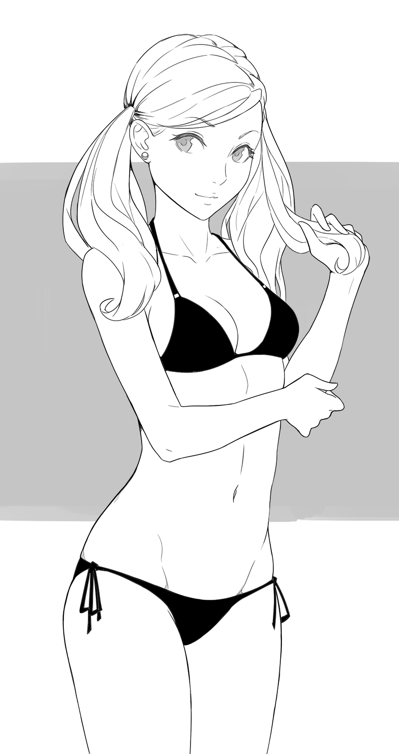 1girl alternate_costume atlus bangs bare_shoulders bikini black_bikini bow breasts cheshirrr cleavage closed_mouth cowboy_shot cute greyscale groin hair_bow halterneck highres lips long_hair medium_breasts megami_tensei midriff monochrome navel persona persona_5 side-tie_bikini solo standing swept_bangs swimsuit takamaki_anne thighs twintails two-tone_background