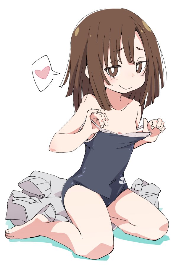 1girl bare_shoulders barefoot blush brown_eyes brown_hair closed_eyes collarbone eyebrows_visible_through_hair heart ixy kitanaga legs looking_at_viewer monogatari_(series) one-piece_swimsuit sengoku_nadeko short_hair simple_background sitting smile solo spoken_heart swimsuit thighs ueno-san_wa_bukiyou wariza white_background