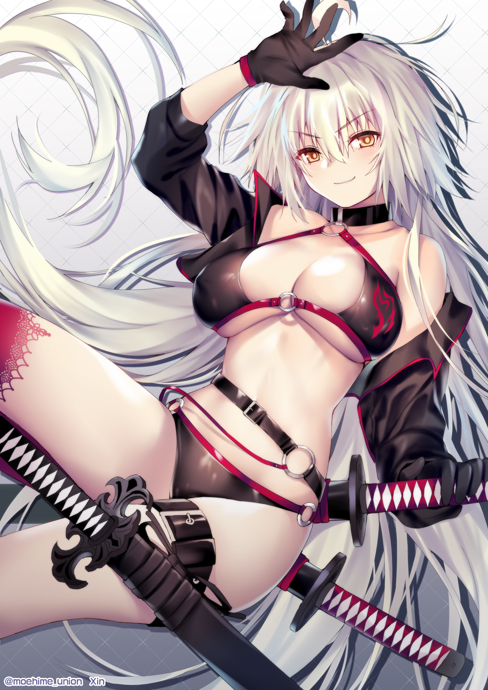 1girl ahoge bare_shoulders bikini black_bikini black_jacket blush breasts choker cleavage collarbone comiket_94 commentary_request cowboy_shot cropped_jacket eyebrows_visible_through_hair fate/grand_order fate_(series) hair_between_eyes highres holding holding_sword holding_weapon jacket jeanne_d'arc_(alter_swimsuit_berserker) jeanne_d'arc_(fate)_(all) katana large_breasts long_hair looking_at_viewer lying o-ring o-ring_bikini obiwan on_back pale_skin sheath shiny shiny_hair shiny_skin single_bare_shoulder smile solo swimsuit sword thigh_strap tile_floor tiles weapon yellow_eyes