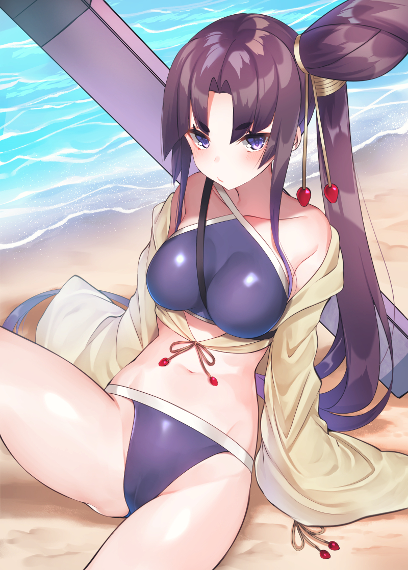 1girl arm_support beach bikini black_hair blue_bikini breasts commentary_request fate/grand_order fate_(series) impossible_clothes large_breasts long_hair looking_at_viewer ocean side_ponytail sitting solo suzuho_hotaru swimsuit ushiwakamaru_(fate/grand_order) ushiwakamaru_(swimsuit_assassin)_(fate) very_long_hair violet_eyes water wide_sleeves