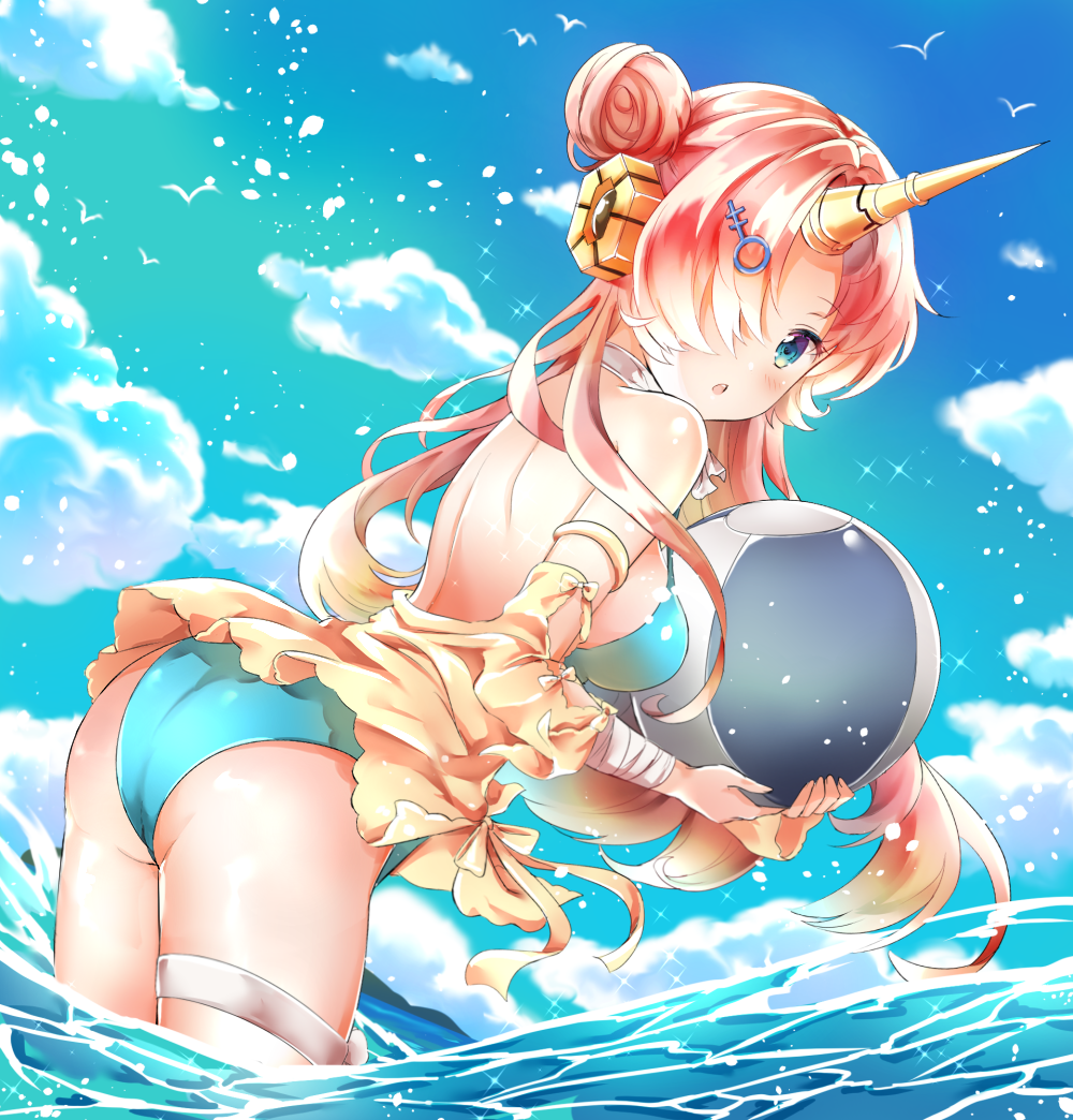 1girl :o arched_back ball bare_shoulders beachball bikini blue_bikini blue_sky blush breasts brown_hair chestnut_mouth clouds commentary day dutch_angle fate/grand_order fate_(series) fingernails frankenstein's_monster_(fate) frankenstein's_monster_(swimsuit_saber)_(fate) green_eyes hair_bun hair_ornament holding holding_ball horn jacket leaning_forward long_hair long_sleeves looking_at_viewer looking_to_the_side medium_breasts melynx_(user_aot2846) ocean outdoors parted_lips side_bun sky solo swimsuit very_long_hair water yellow_jacket