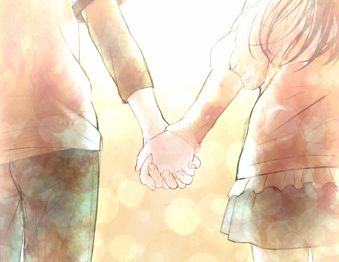 1boy 1girl brown_hair denim facing_away fingernails gradient gradient_background hand_holding hetero itoguchi_(manma_melon) jeans long_hair long_sleeves original out_of_frame pants pink_background puffy_short_sleeves puffy_sleeves short_sleeves simple_background skirt white_background