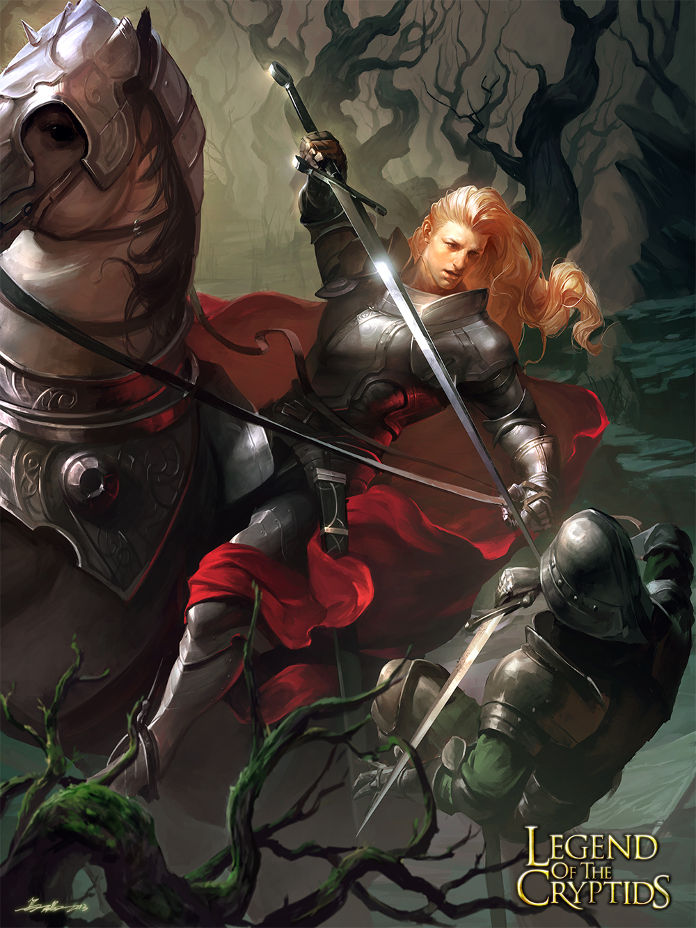 1boy armor armored_boots artist_name boots cape copyright_name crowgod faceless faceless_male gloves helmet highres horse horseback_riding legend_of_the_cryptids long_hair male_focus official_art open_mouth orange_hair riding solo sword tree weapon