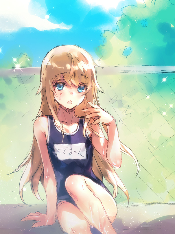 1boy androgynous blonde_hair blue_eyes blush chevalier_d'eon_(fate/grand_order) fate/grand_order fate_(series) long_hair looking_at_viewer male_focus one-piece_swimsuit open_mouth school solo swimsuit trap wanko_(takohati8) water