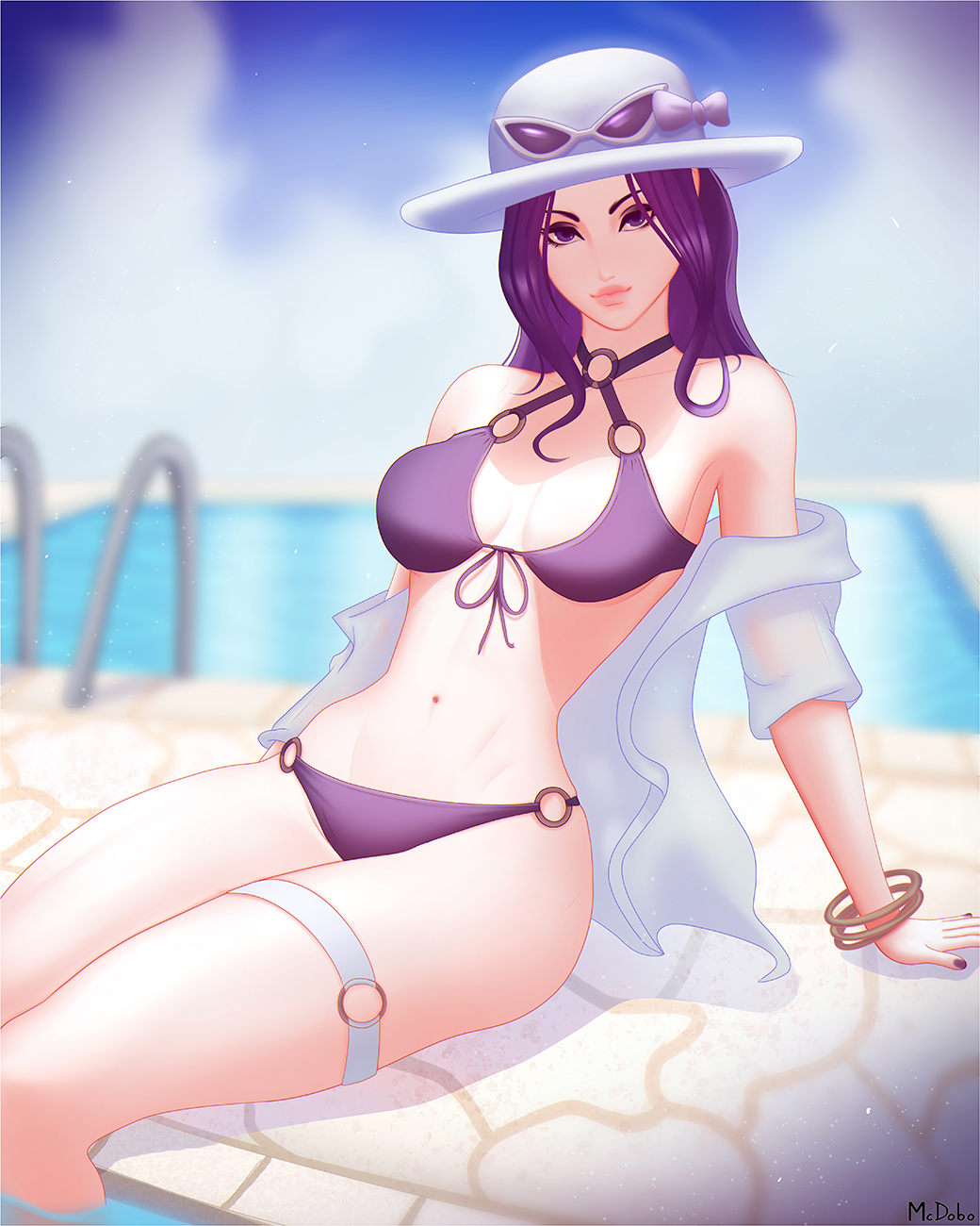 1girl alternate_costume alternate_hair_color bangle bikini blurry blurry_background bracelet caitlyn_(league_of_legends) closed_mouth criss-cross_halter eyewear_on_head halterneck hat highres jewelry league_of_legends lips long_hair looking_at_viewer mcdobo nail_polish o-ring o-ring_bikini off_shoulder open_clothes open_shirt pool_party_caitlyn purple_hair purple_nails signature solo sun_hat sunglasses swimsuit thigh_strap violet_eyes