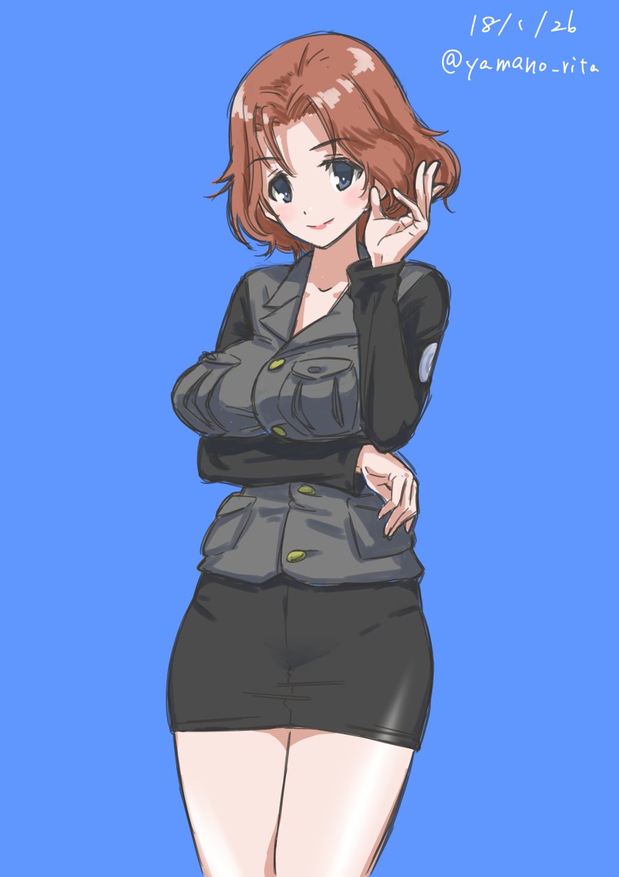 1girl azumi_(girls_und_panzer) black_jacket black_skirt breast_hold breasts brown_hair closed_mouth commentary cowboy_shot dated emblem girls_und_panzer hand_in_hair highres jacket long_sleeves looking_at_viewer military military_uniform miniskirt no_shirt pantylines pencil_skirt selection_university_(emblem) selection_university_military_uniform short_hair simple_background sketch skirt smile solo standing twitter_username uniform yamano_rita