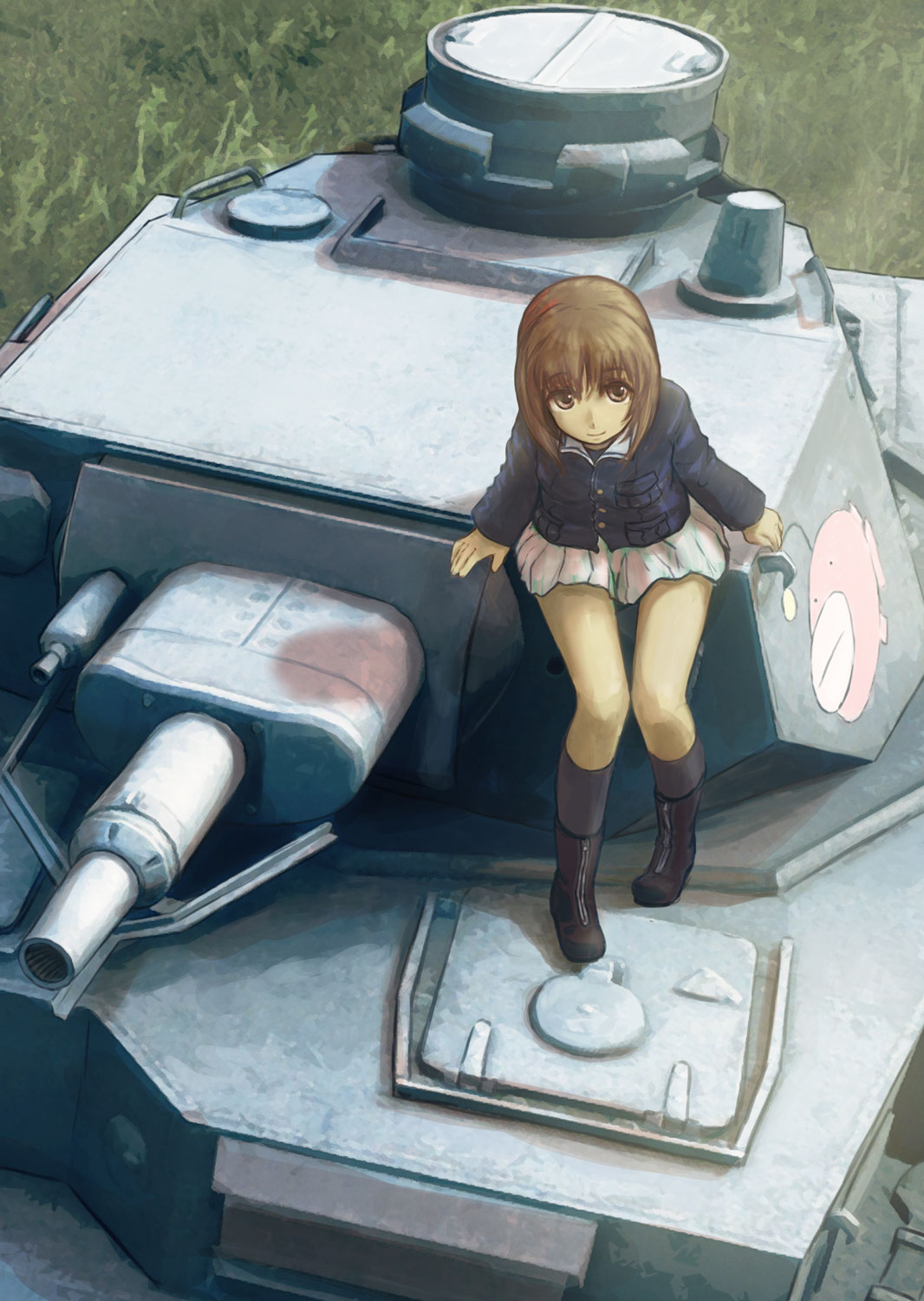 1girl anglerfish bangs black_footwear black_legwear blue_jacket boots brown_eyes brown_hair closed_mouth commentary day emblem girls_und_panzer green_shirt ground_vehicle highres jacket leaning_forward long_sleeves looking_at_viewer military military_uniform military_vehicle miniskirt motor_vehicle nishizumi_miho nito_(nshtntr) on_vehicle ooarai_military_uniform outdoors panzerkampfwagen_iv pleated_skirt shadow shirt short_hair sitting skirt smile socks solo tank uniform white_skirt
