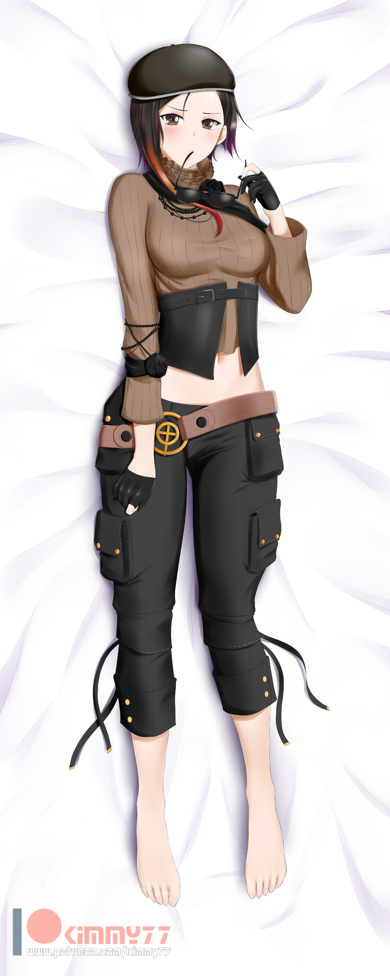 1girl alfred_cullado artist_name asymmetrical_hair barefoot beanie black_gloves breasts brown_eyes brown_hair capri_pants coco_adel dakimakura eyewear_in_mouth fingerless_gloves gloves hat highres medium_breasts midriff mouth_hold necktie pants patreon_username rwby short_hair solo tight tight_pants watermark web_address