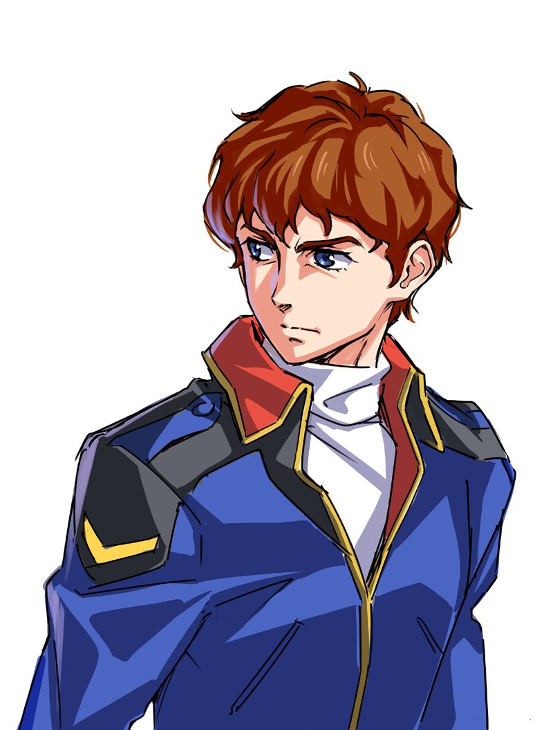 1boy amuro_ray blue_eyes brown_hair char's_counterattack commentary_request gundam looking_to_the_side male_focus military military_uniform short_hair solo suzutsuki_kurara turtleneck uniform upper_body white_background