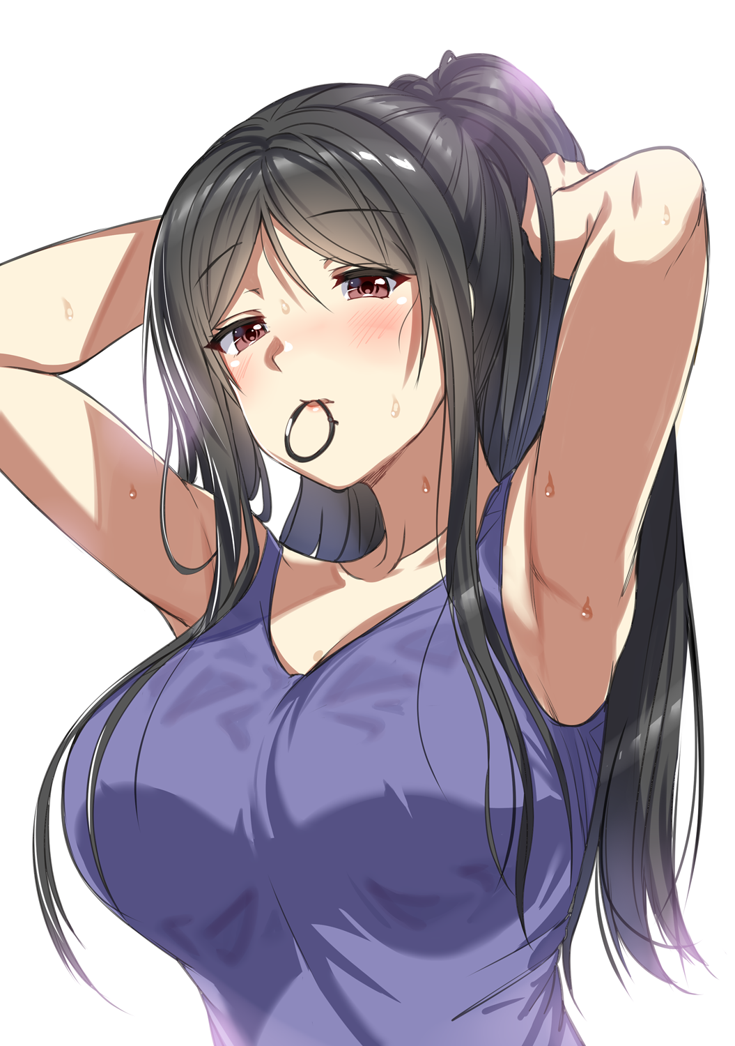 1girl aldehyde armpits arms_behind_head arms_up black_hair blue_shirt blush breasts commentary_request eyebrows_visible_through_hair hair_over_breasts hair_tie hair_tie_in_mouth highres large_breasts long_hair mouth_hold neeko's_mother red_eyes shirt simple_background sleeveless sleeveless_shirt solo sweat tying_hair upper_body white_background
