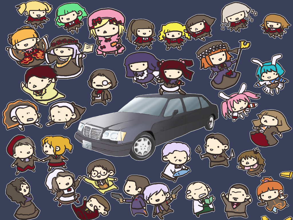 :d animal_ears beatrice black_hair blonde_hair blue_hair brown_hair car chibi closed_eyes dress eva_beatrice everyone formal frederica_bernkastel gohda_toshiro gouda_toshirou green_hair hair_bobbles hair_ornament hat jacket kanon_(character) kanon_(umineko) kashiwa_kiseri lambdadelta mercedes_benz monocle motor_vehicle necktie open_mouth orange_hair pink_hair red_hair ronove serico shannon siesta410 siesta45 siesta_sisters silver_hair skirt smile socks stakes_of_purgatory suit umineko_no_naku_koro_ni ushiromiya_ange ushiromiya_battler ushiromiya_eva ushiromiya_george ushiromiya_hideyoshi ushiromiya_jessica ushiromiya_kinzo ushiromiya_kinzou ushiromiya_krauss ushiromiya_maria ushiromiya_natsuhi ushiromiya_rosa vehicle virgilia wide_face