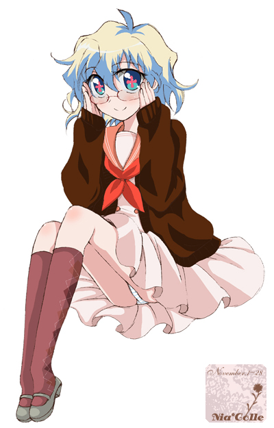 cardigan dress glasses hazuki_(pacco) hazuki_(pixiv33452) mary_janes multicolored_hair nia_teppelin panchira_sit panties pantyshot pantyshot_sitting school_uniform serafuku shoes short_hair sitting smile socks tengen_toppa_gurren_lagann underwear