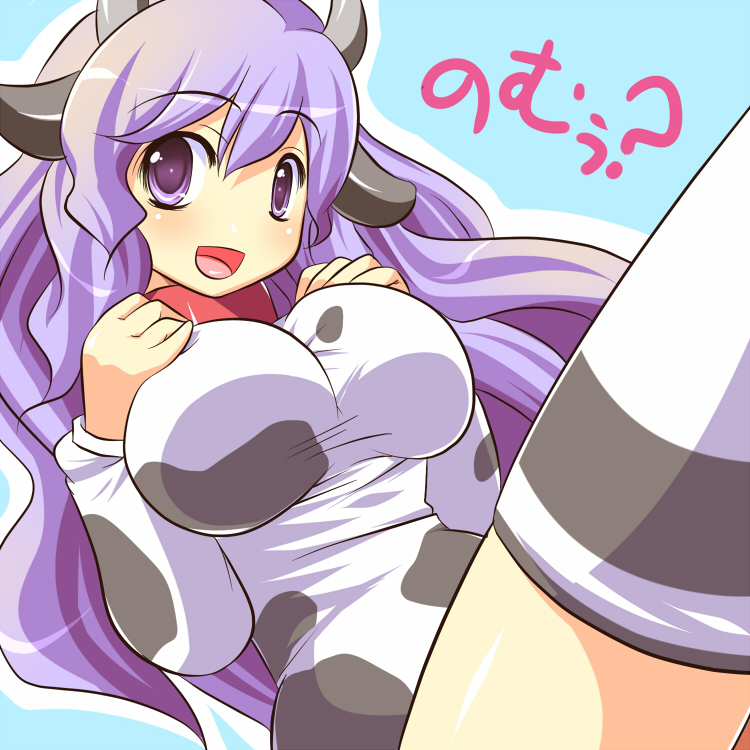 breasts collar cow_ears cow_girl cow_print cowgirl horns hourglass_figure huge_breasts kumatanchi purple_eyes purple_hair thigh-highs thighhighs ushi-oneesan violet_eyes