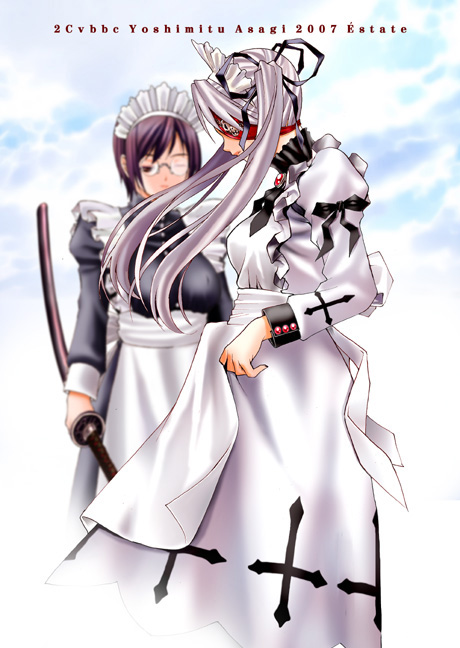 asagi_yoshimitsu black_hair cropped eyepatch glasses katana maid md5_mismatch multiple_girls original sword twintails weapon white_hair