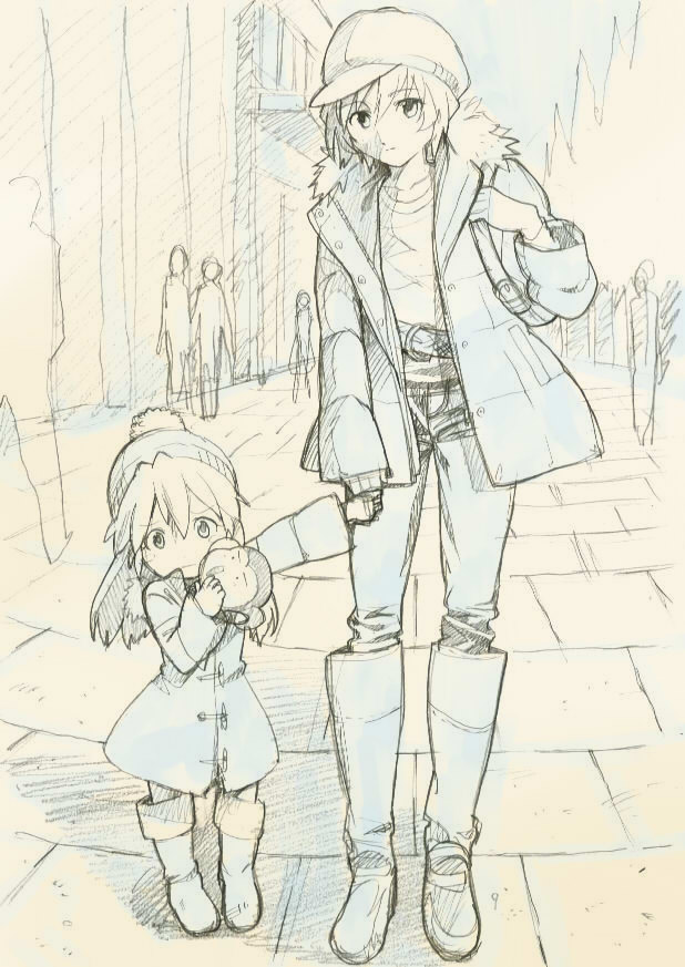 beanie blue boots cabbie_hat casual child coat hat holding_hands monochrome mother_and_daughter neon_genesis_evangelion sketch source_request souryuu_asuka_langley stuffed_animal stuffed_toy yellow young