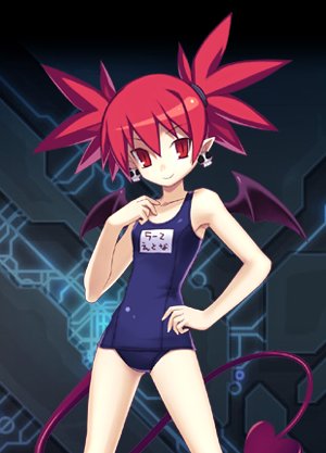 cross_edge demon_girl demon_tail disgaea etna lowres nippon_ichi one-piece_swimsuit pointy_ears red_eyes red_hair redhead school_swimsuit skull swimsuit tail wings x_edge