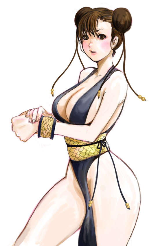 alternate_costume braid breasts brown_eyes brown_hair capcom china_dress chinadress chinese_clothes chun-li cleavage double_bun double_buns dress kazaana large_breasts legs no_panties short_hair sideboob solo street_fighter street_fighter_ii street_fighter_iv wide_hips