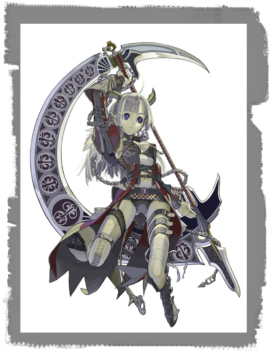 bandage bandages belt belts blade blue_eyes chain chains horns long_hair nakaba_reimei navel one_thighhigh original pointy_ears single_thighhigh thigh-highs thighhighs weapon white_hair