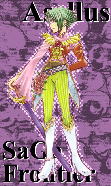 androgynous bad_id boots character_name flower green_hair hand_on_hip hidorin high_heels red_rose rose saga saga_frontier short_hair solo sword title_drop weapon