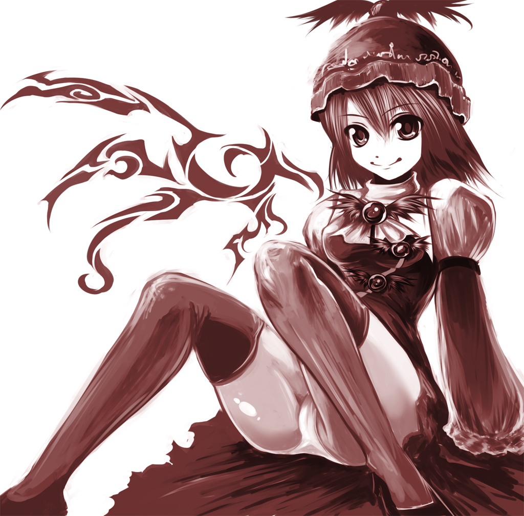 legs monochrome mystia_lorelei panchira_sit panties pantyshot pantyshot_sitting sepia short_hair sitting smile solo tamajam test thigh-highs thighhighs thighs touhou underwear upskirt