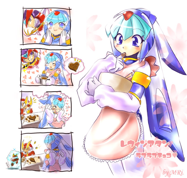 apron blush bowl capcom chocolate chocolate_making comic cooking dream dreaming fafnir fairy_leviathan fefnir fefnir_(megaman) fefnir_(rockman) fighting_fefnir heart humanized leviathan leviathan_(megaman) leviathan_(rockman) mri rockman rockman_zero silent_comic tasting valentine zero_(rockman)