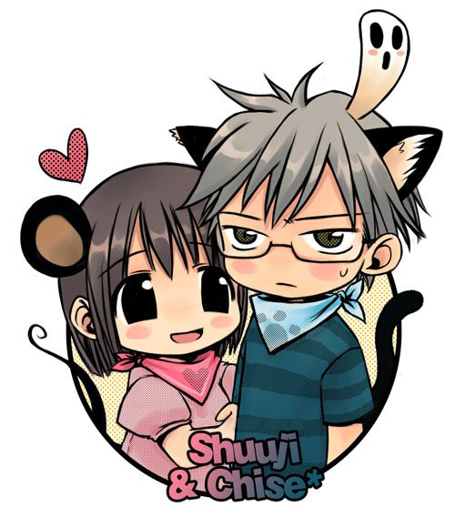 1girl angry animal_ears bandana blush brown_hair cat_ears cat_tail chibi chise chise_(saishuu_heiki_kanojo) couple ghost happy heart mouse_ears mouse_tail saishuu_heiki_kanojo short_hair shuji_(character) shuuji_(saishuu_heiki_kanojo) silver_hair smile sweatdrop tail yellow_eyes