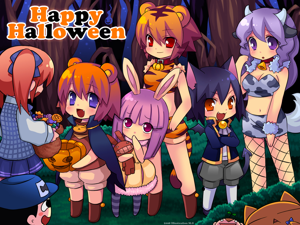 animal_ears bat_wings bear_ears bell black_hair bloomers blue_eyes breasts brown_eyes brown_hair bunny_ears cat_ears cat_tail collar costume cow_ears cow_girl cowgirl fang fishnet_pantyhose fishnet_stockings fishnets halloween horns huge_breasts jack-o'-lantern jack-o-lantern kuma-tan kumatanchi long_hair maguro-san neko-kun orange_hair pantyhose pink_hair pumpkin purple_eyes purple_hair rabbit_ears rabi-tan red_eyes short_hair shorts sumomo_(kumatanchi) tail thigh-highs tiger_costume tiger_print tigerprint tora-oneesan twintails ushi-oneesan violet_eyes wings