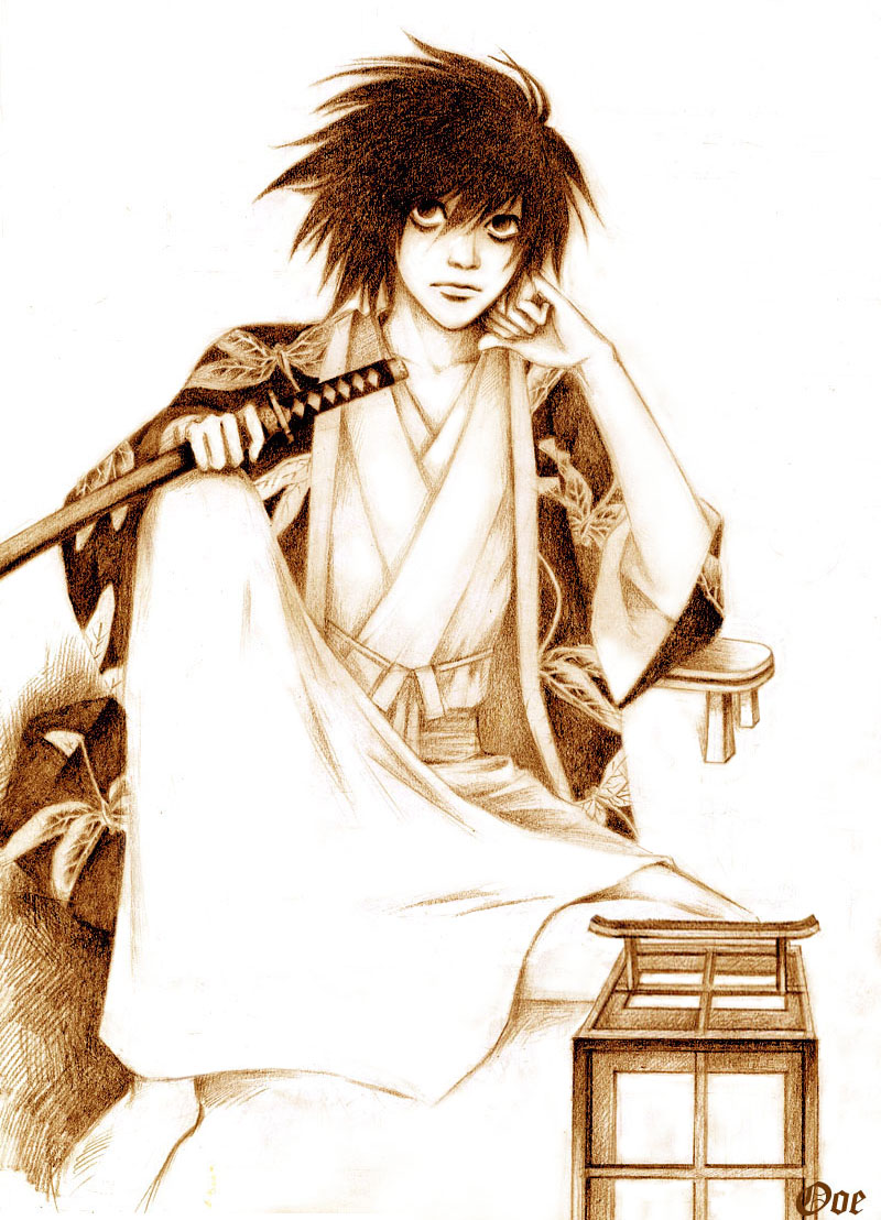 bags_under_eyes black_hair death_note japanese_clothes kimono l lantern source_request sword traditional_media weapon