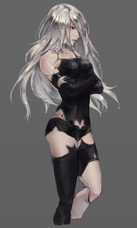 1girl act_(a_moso) android armlet bare_shoulders black_gloves black_legwear black_shorts blue_eyes breasts cropped_legs elbow_gloves gloves grey_background long_hair medium_breasts nier_(series) nier_automata robot_joints short_shorts shorts silver_hair simple_background single_thighhigh solo thigh-highs yorha_type_a_no._2