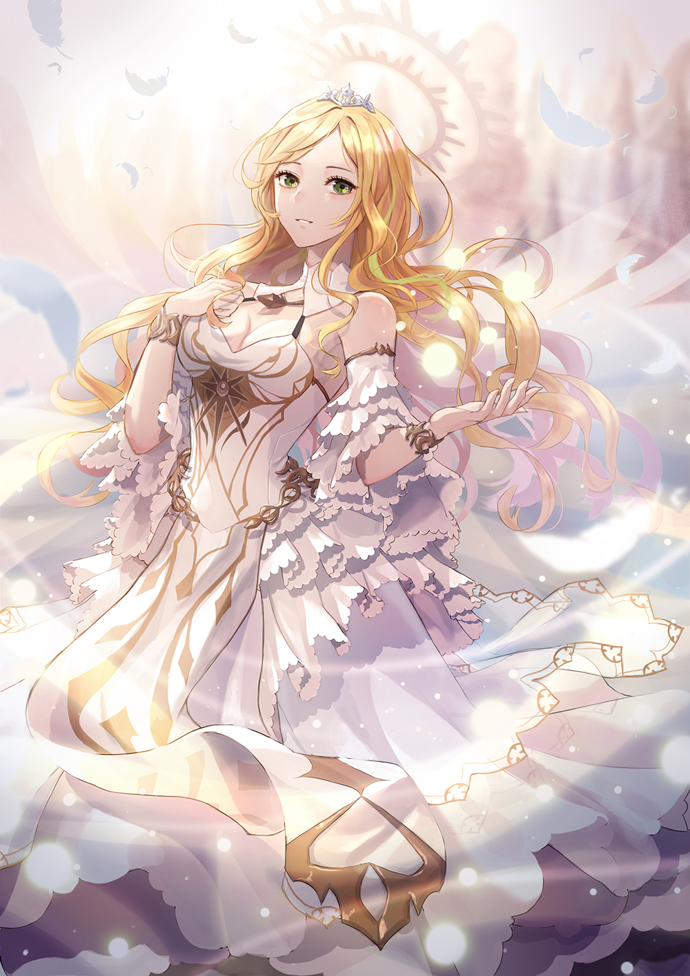 1girl angelia blonde_hair breasts cleavage detached_collar detached_sleeves dress feathers green_eyes halo hand_up highres long_hair looking_at_viewer medium_breasts sdorica_-sunset- solo soyubee very_long_hair white_dress
