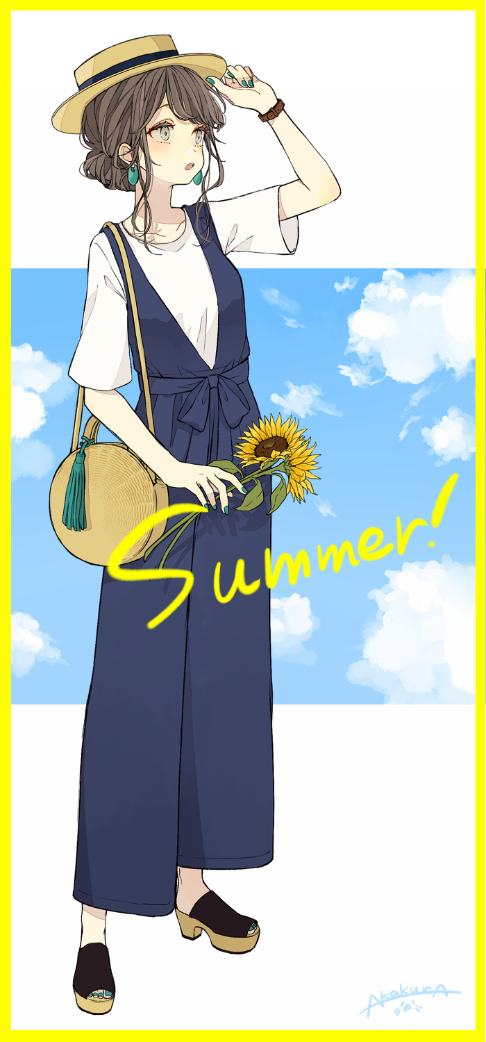 1girl adjusting_clothes adjusting_hat akakura aqua_nails artist_name bag beige_hat border brown_hair clouds cloudy_sky earrings english flower full_body grey_eyes hair_bun hat high_heels highres holding holding_flower jewelry nail_polish open_mouth open_toe_shoes original platform_footwear romper short_sleeves shoulder_bag sidelocks sky standing summer sunflower tassel watch watch yellow_border