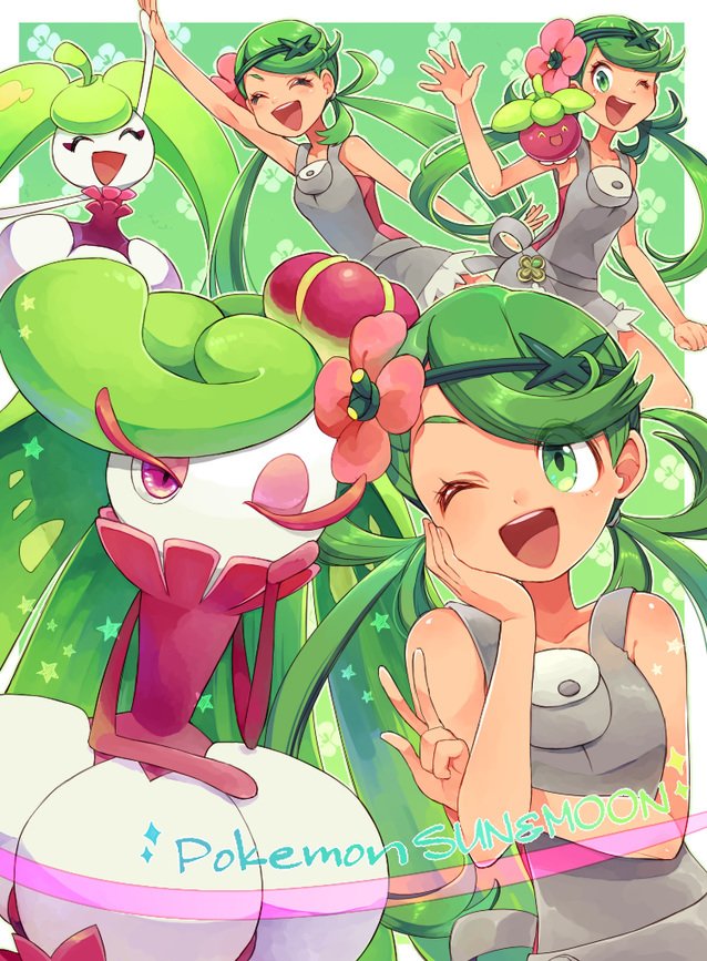 2girls bounsweet creatures_(company) flower game_freak gen_7_pokemon green_eyes green_hair hair_flower hair_ornament mallow_(pokemon) multiple_girls nintendo pokemon pokemon_(anime) pokemon_(creature) pokemon_sm_(anime) sasairebun steenee tsareena