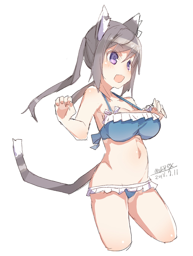 1girl :d animal_ears bangs bare_arms bare_shoulders bikini blue_bikini blush breasts cat_ears cat_girl cat_tail cropped_legs dated eyebrows_visible_through_hair fang frilled_bikini frills grey_hair groin hair_between_eyes large_breasts long_hair maze_(gochama_ze_gohan) navel open_mouth original signature simple_background sketch smile solo standing swimsuit tail tail_raised twintails violet_eyes white_background