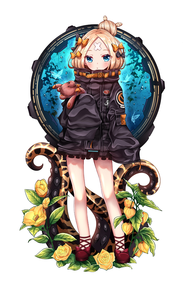 1girl :o abigail_williams_(fate/grand_order) animal_print bangs black_bow black_jacket blonde_hair blue_eyes blush bow commentary_request crossed_bandaids eyebrows_visible_through_hair fate/grand_order fate_(series) flower full_body hair_bow hair_bun jacket lokyin_house long_hair long_sleeves looking_at_viewer object_hug orange_bow parted_bangs parted_lips polka_dot polka_dot_bow red_bow red_footwear shoes sleeves_past_fingers sleeves_past_wrists solo standing stuffed_animal stuffed_toy suction_cups teddy_bear tentacle tiger_print white_background yellow_flower