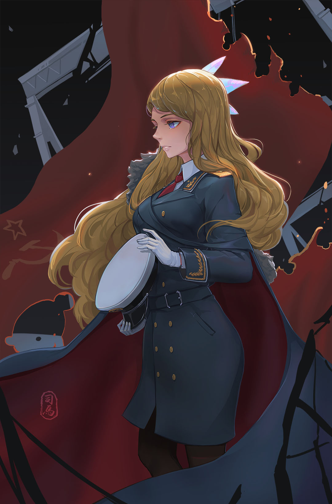 1girl belt blonde_hair coat double-breasted epaulettes fur_trim gloves hair_ornament hat highres long_hair military military_uniform necktie original overcoat pantyhose peaked_cap people's_liberation_army red_neckwear sima_naoteng solo uniform violet_eyes white_gloves