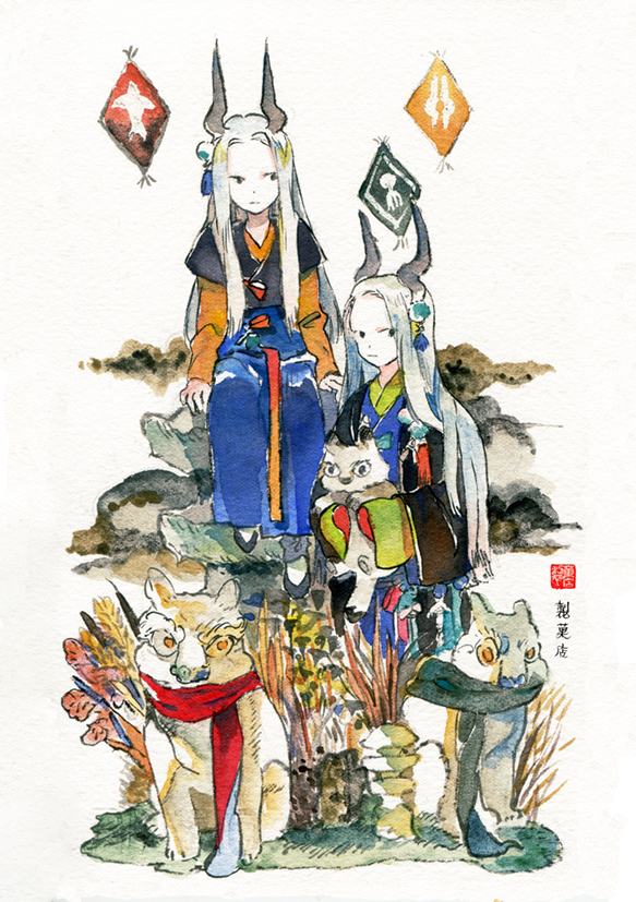 2girls animal black_eyes black_footwear black_scarf fantasy grass holding holding_animal horns long_hair looking_at_viewer multiple_girls orange_eyes original pale_skin red_scarf scarf sidelocks sitting standing traditional_media very_long_hair watercolor_(medium) white_background zzinp