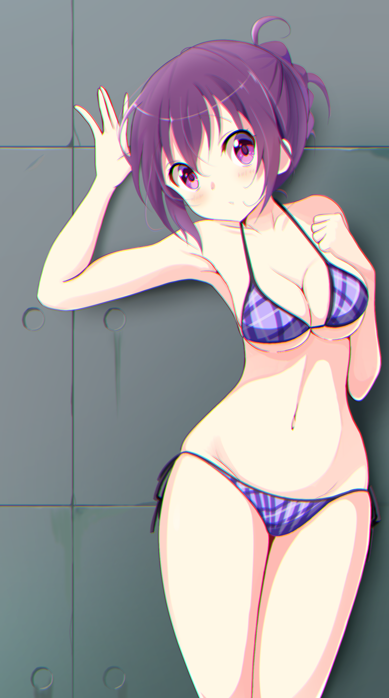 1girl against_wall arm_up bangs bikini breasts cleavage clenched_hand commentary cowboy_shot gochuumon_wa_usagi_desu_ka? hair_up highres leaning_to_the_side looking_at_viewer medium_breasts navel parted_lips pix_mloof plaid plaid_bikini purple_bikini purple_hair short_hair side-tie_bikini solo standing swimsuit tedeza_rize tied_hair violet_eyes